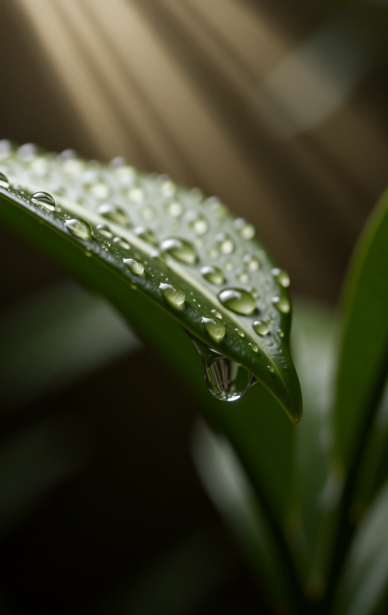 Macro botanical specimen of a tropical leaf with clear water drops