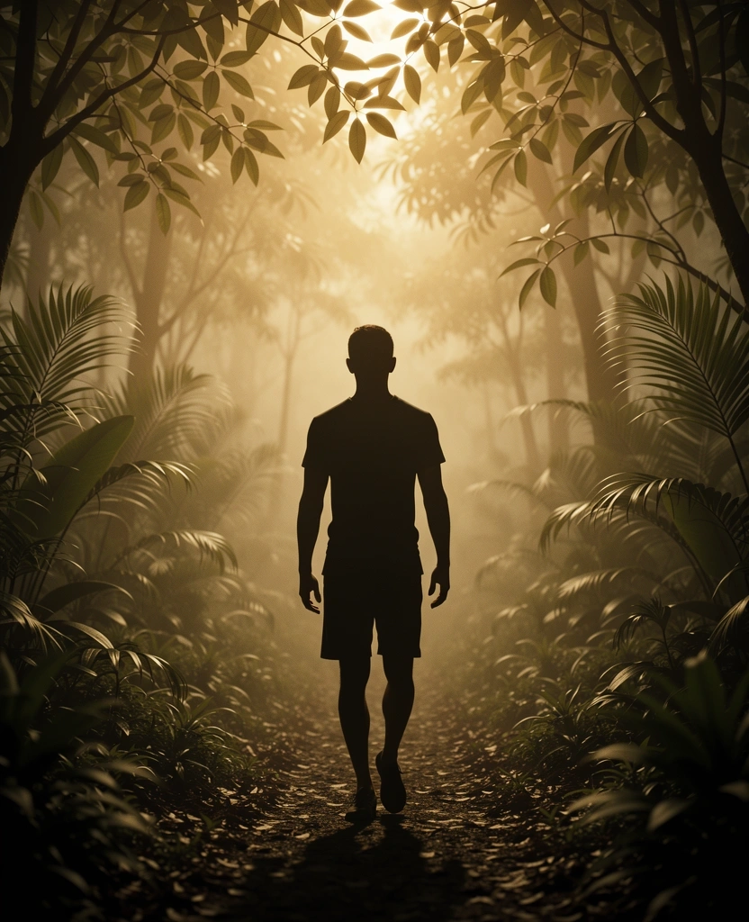 Person walking in misty nature