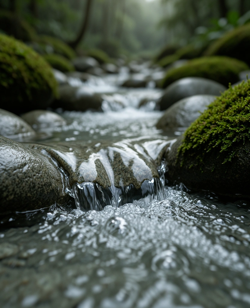 Smooth river stones under flowing water